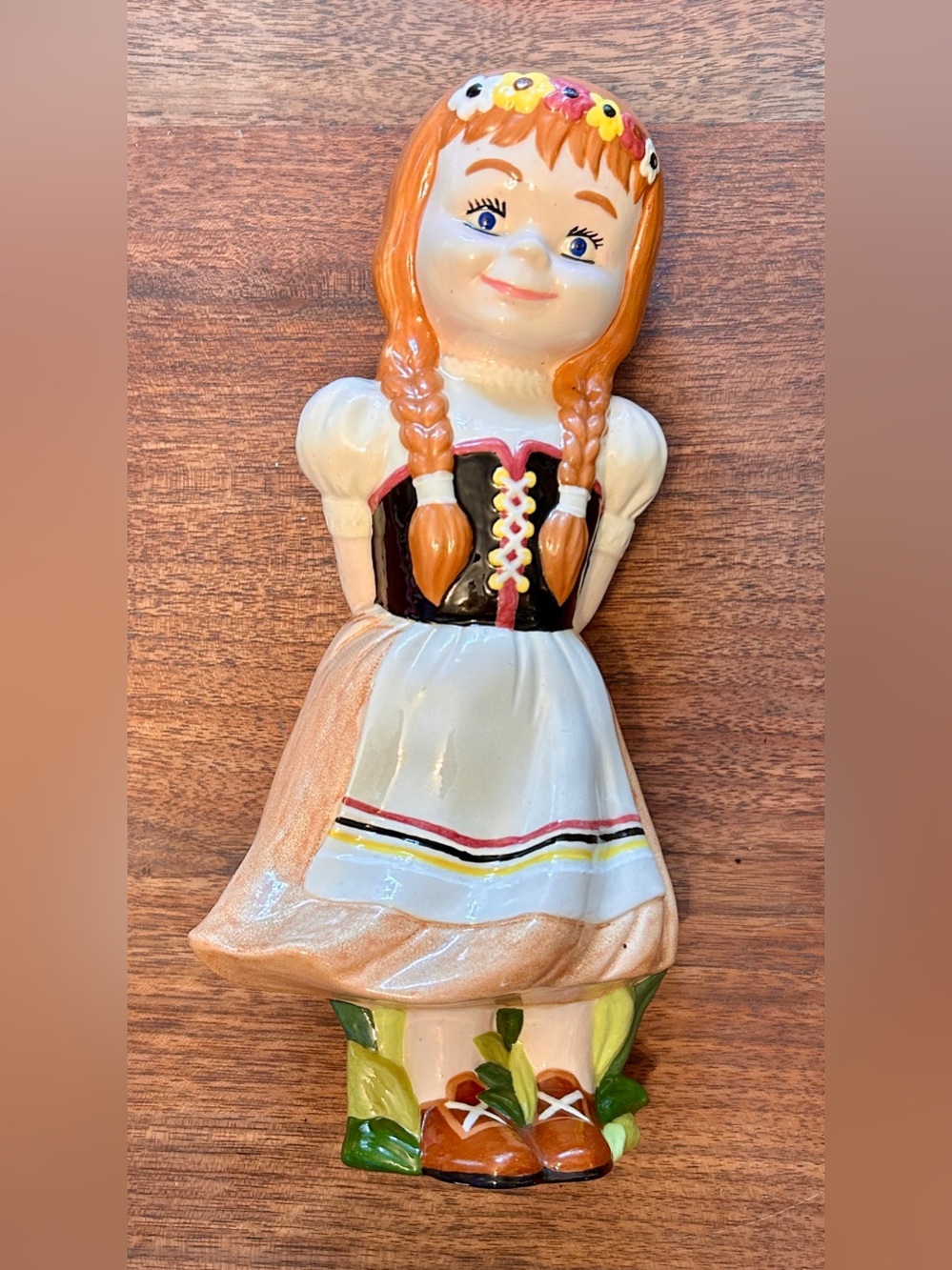 Vtg Hand Painted Ceramic Creepy  Girl Child braids holding Flowers 11.5"